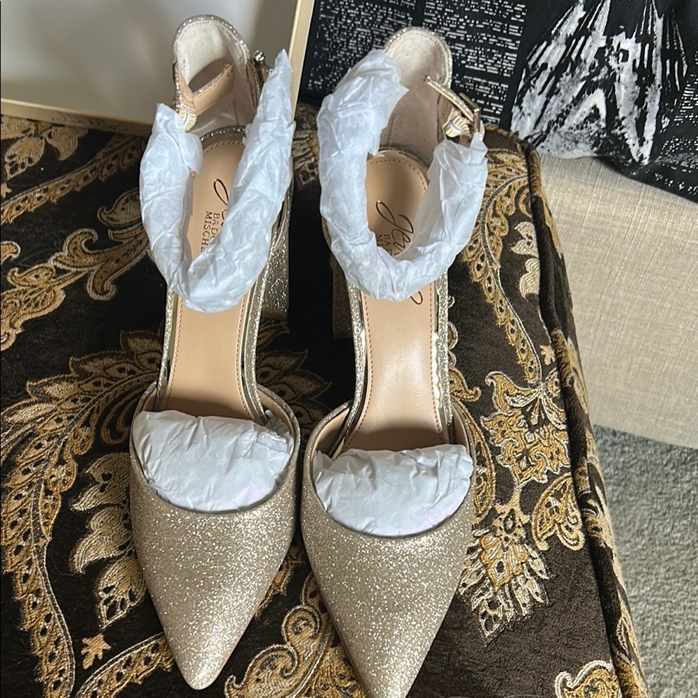 Jewel Badgley Mischka Gold Heels with Unique Ankle Strap